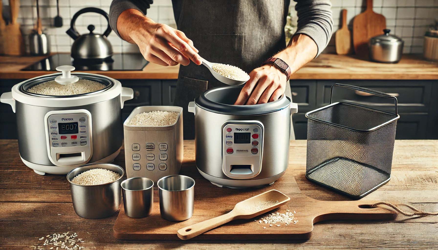 accessories like measuring cups a spatula and a holder while operating a rice cooker
