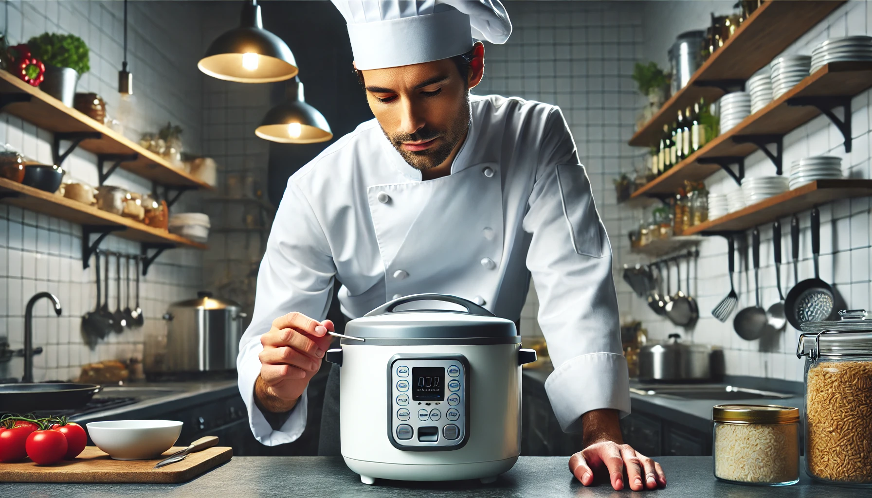 chef inspecting the thermostat sensor of a rice cooker