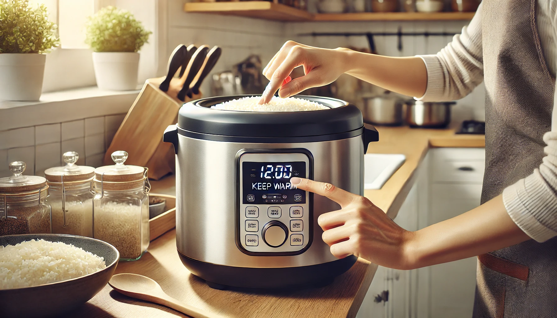 person using the Keep Warm function on a rice cooker