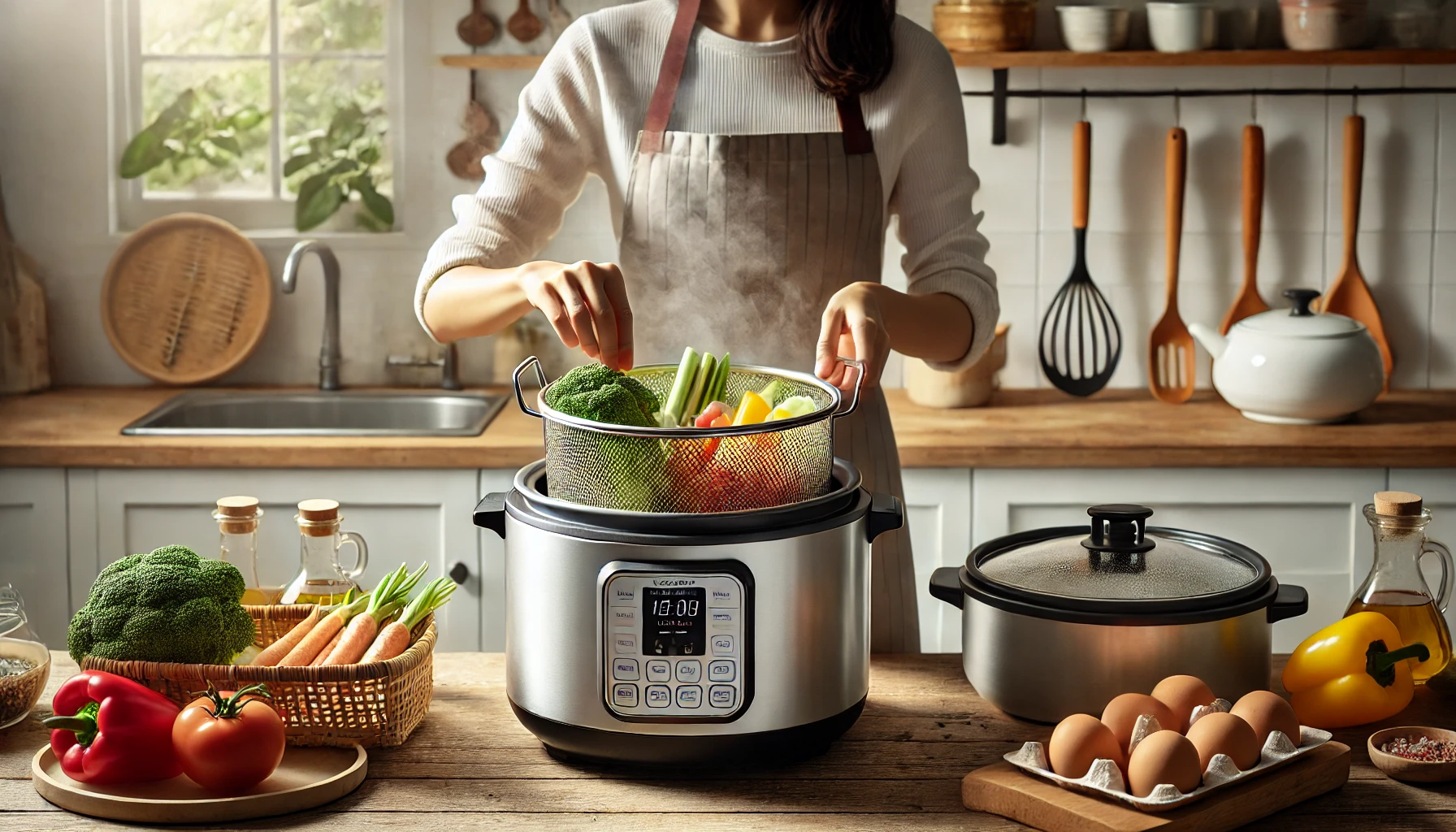 person using the steam basket with a rice cooker