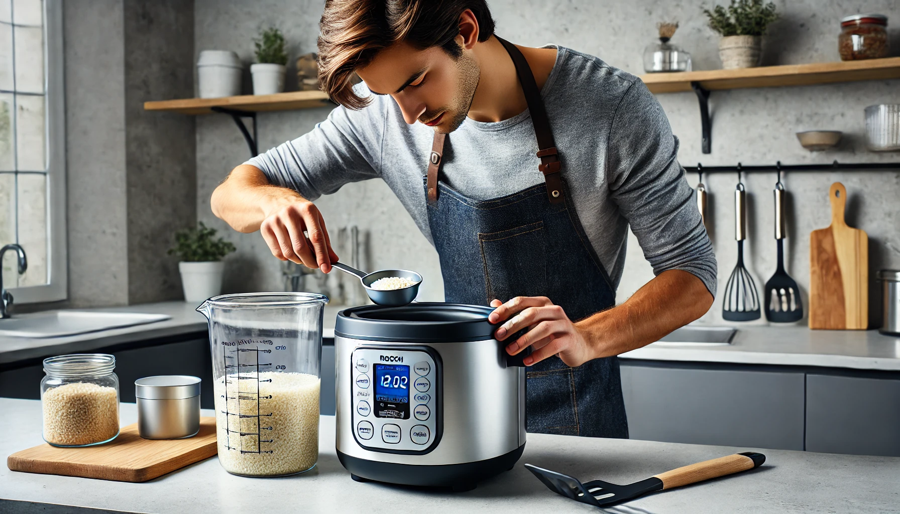 using a measuring cup and a self-standing spatula with a rice cooker