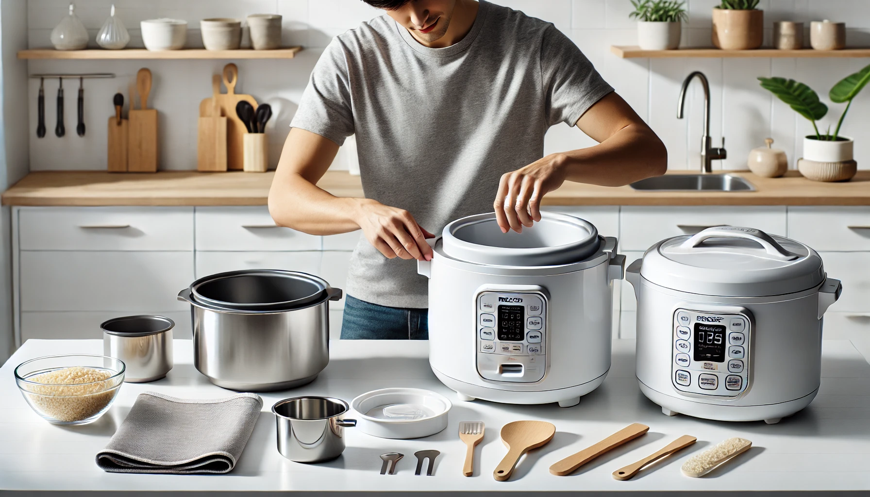setting up a rice cooker with its different parts